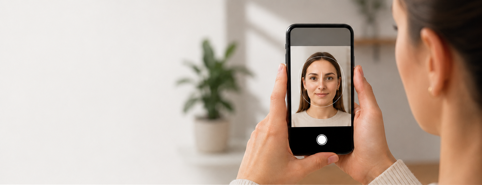 Kvinde tager et pasbillede med mobilen